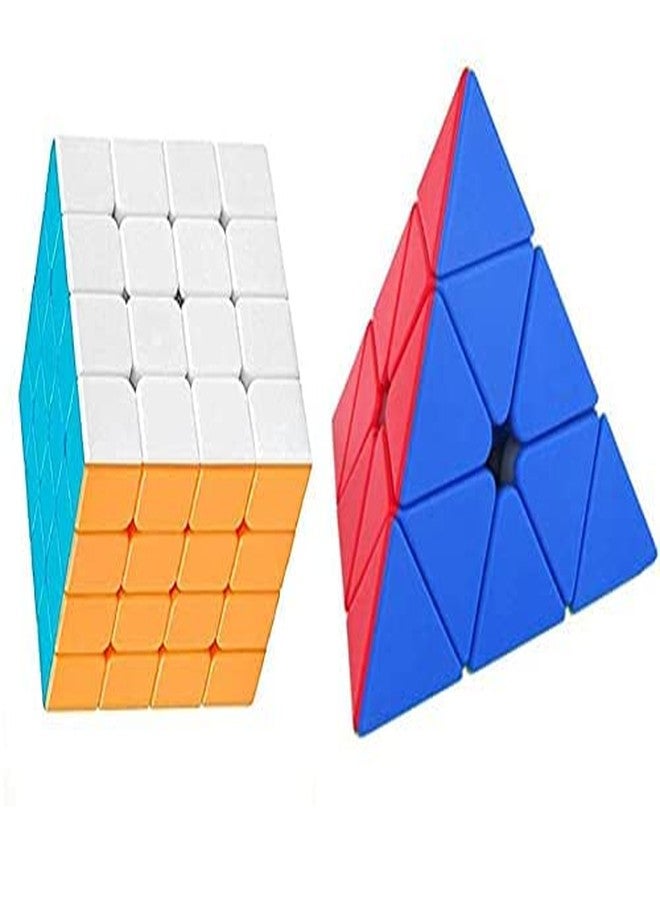 AZE Enterprises 4x4 Cube and Pyramid Cube Combo Set of 2. Multi Color Triangle Cube and 4x4 Cubes High Speed Smooth and Sticker-Less. Cube Puzzle, - Image 1